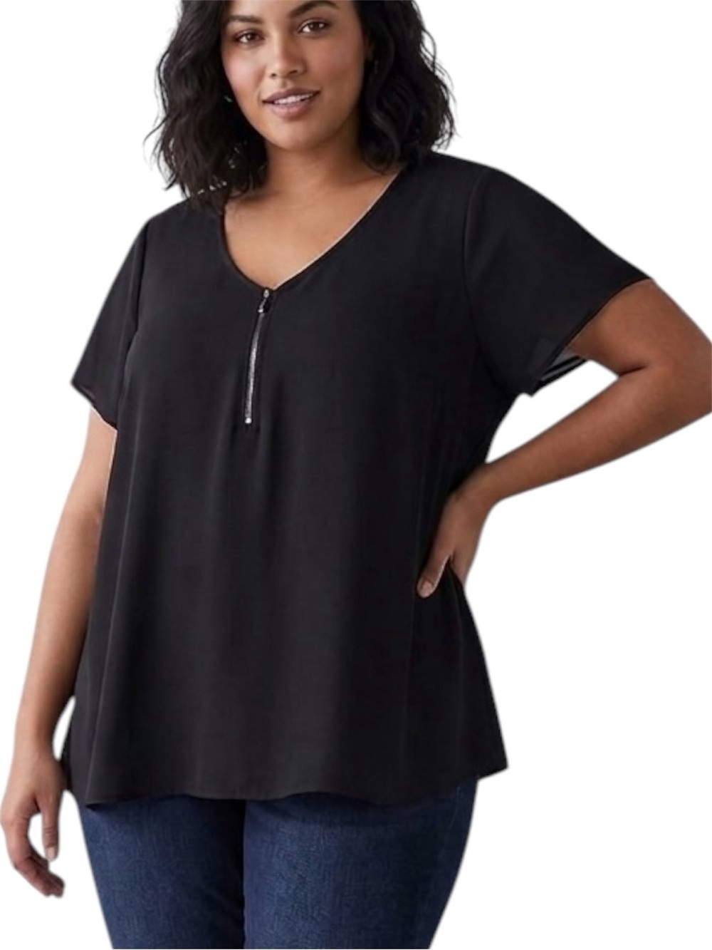 Torrid Black Short Flutter Sleeve High Low Top With Front 1/4 Zip Size 1X